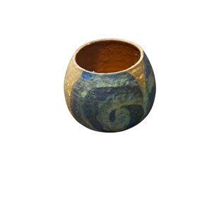 Vintage Studio Art Pottery MCM Circle Swirl Blue Brown Round Vessel Vase